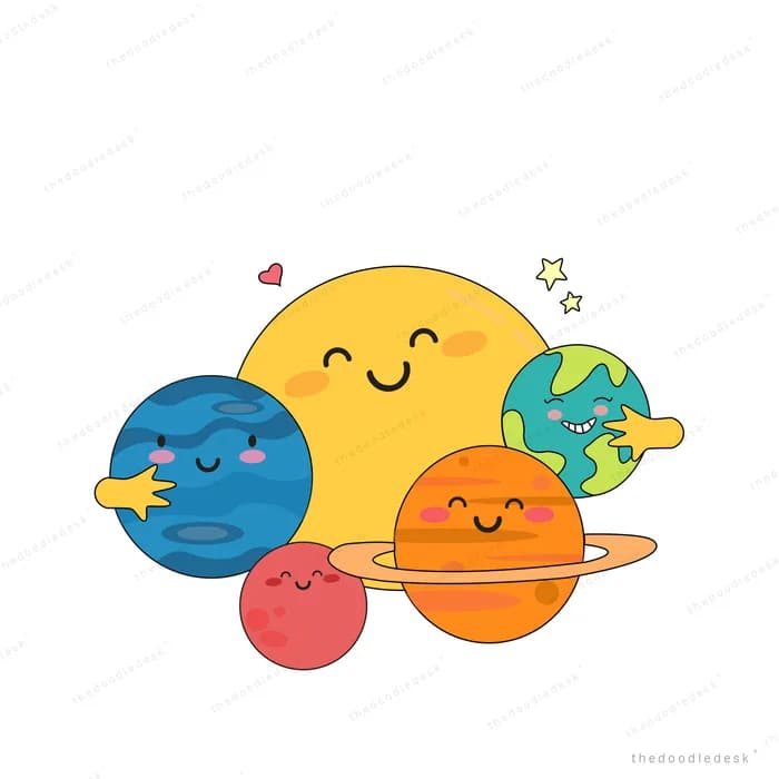 Smiling sun with earth and other planets around it