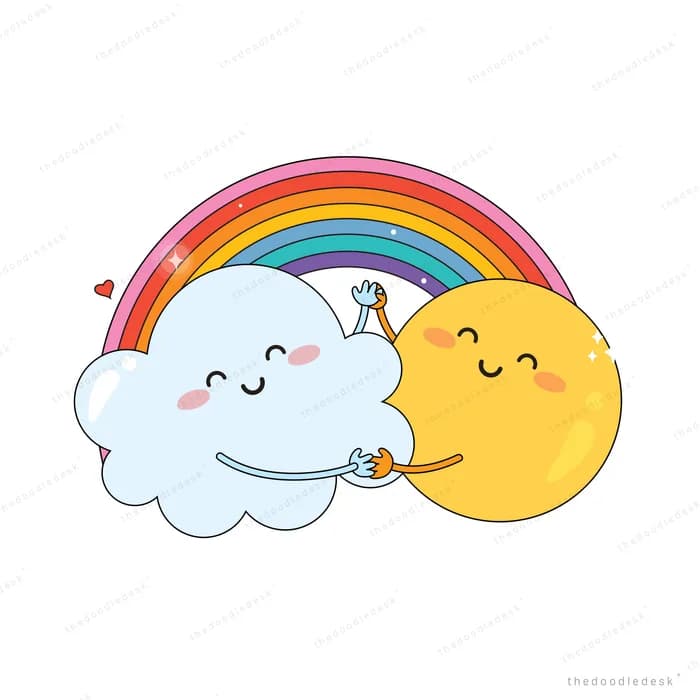 Smiling cloud and sun beneath a rainbow