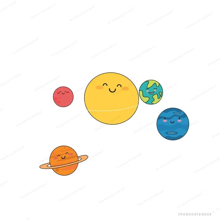 Smiling sun surrounded by small planets
