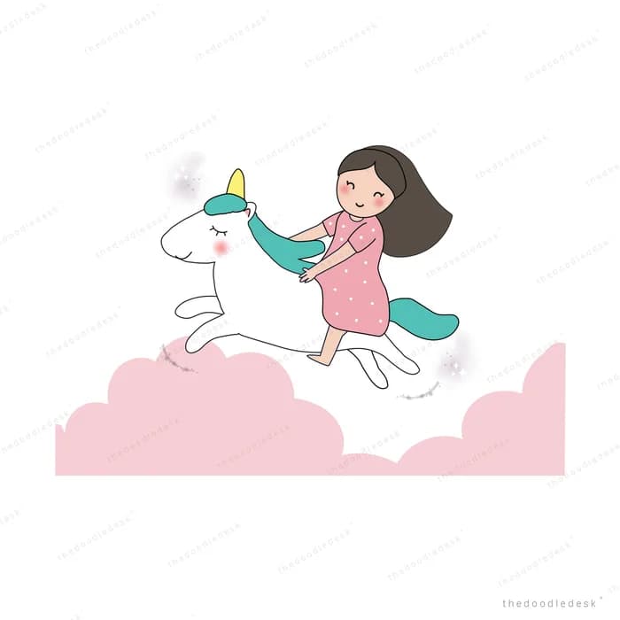 Girl running alongside a unicorn on pink clouds