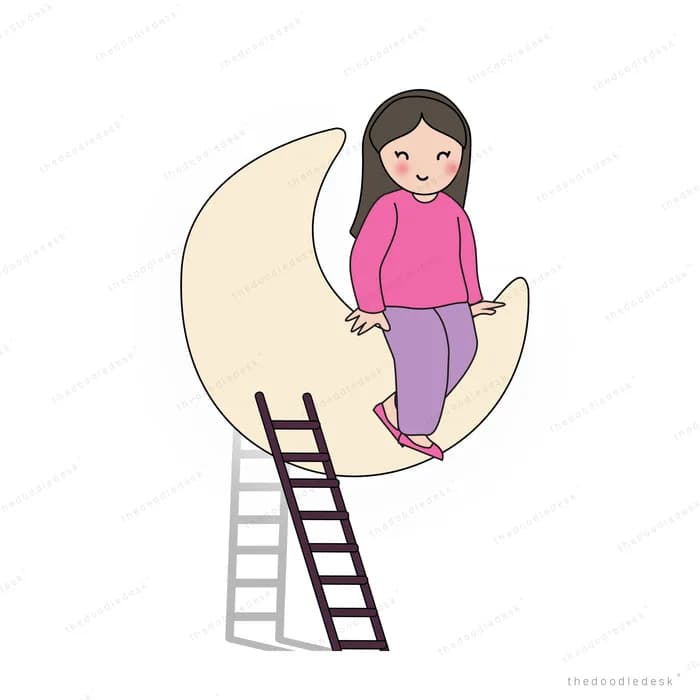 Girl climbing a ladder onto a crescent moon
