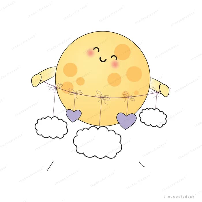 Smiling full moon stretching above clouds with hearts