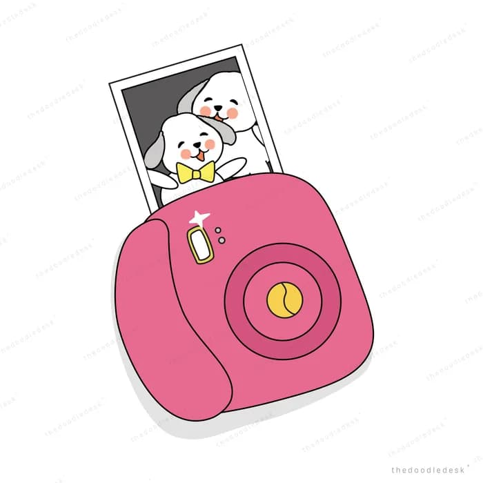 Pink instant camera printing a photo