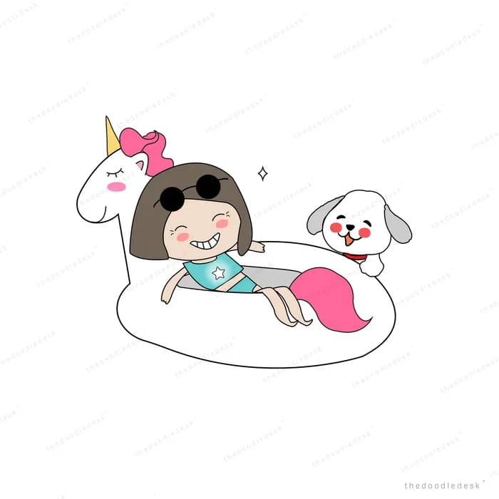 Girl floating in a unicorn swim ring with a dog