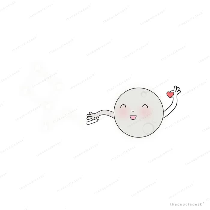 Pale moon character with small hearts