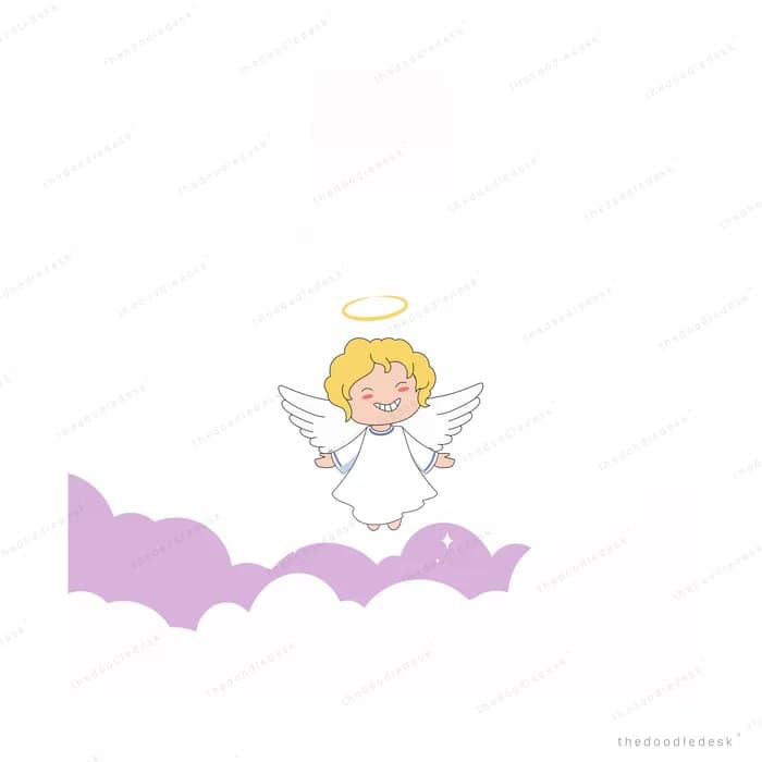 Small angel with a halo above purple clouds