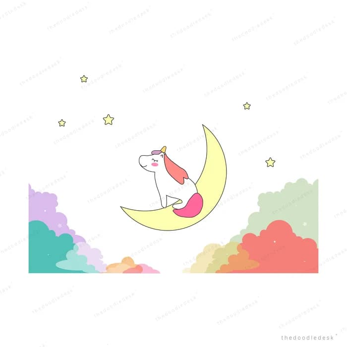 Unicorn on a crescent moon among pastel clouds
