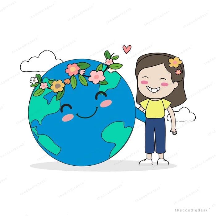Children beside a smiling earth wearing flowers