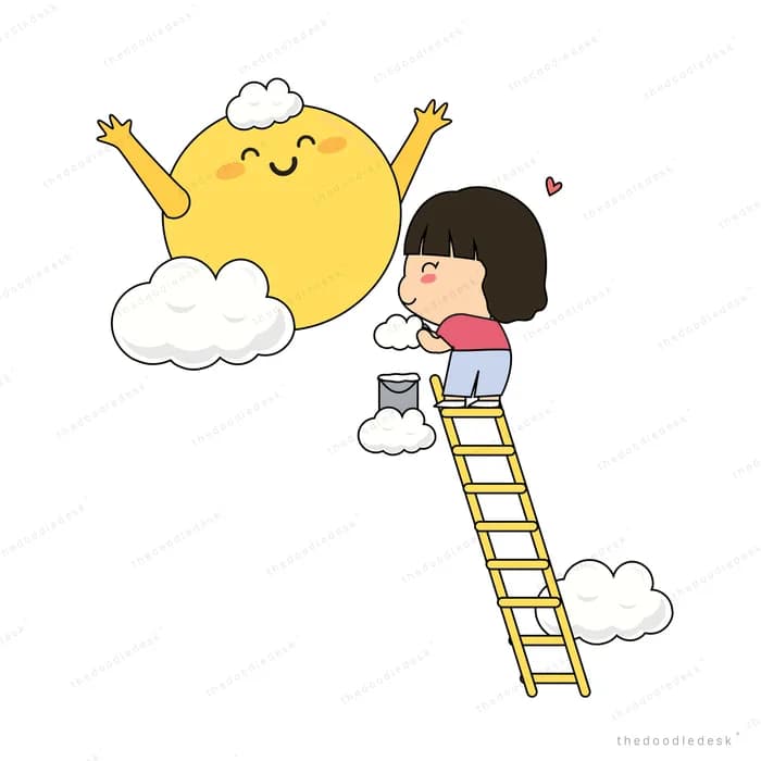 Girl on a ladder reaching a smiling sun on clouds