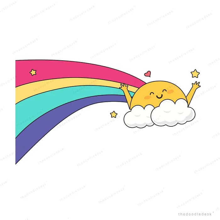Smiling sun on a cloud at the end of a rainbow