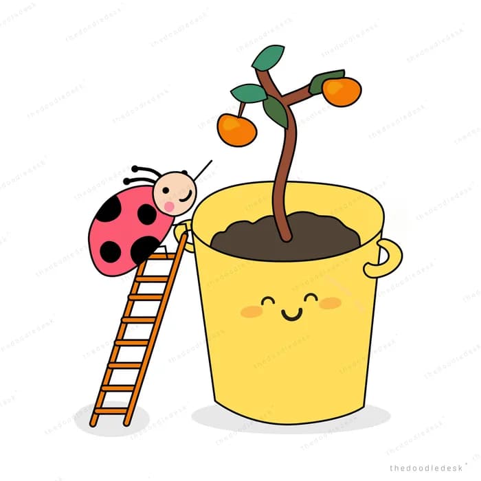 Smiling pot with a fruiting sapling and a ladder