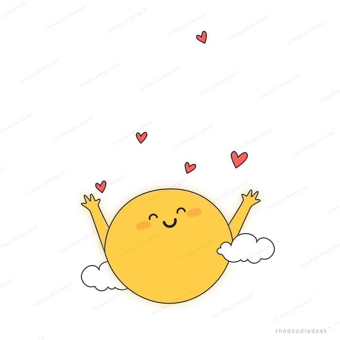 Smiling sun with arms raised above clouds