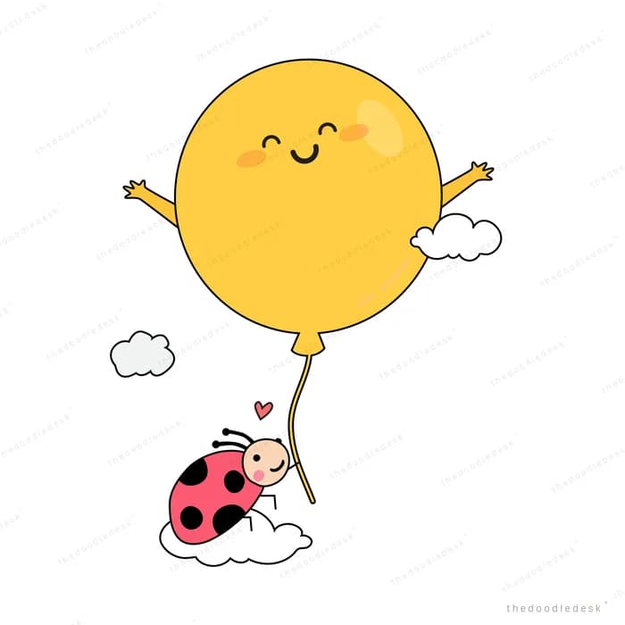 Ladybug holding a string tied to a smiling sun