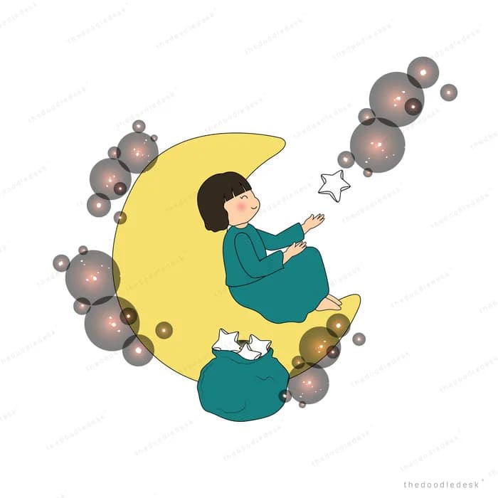 Woman sitting on a crescent moon among dark orbs