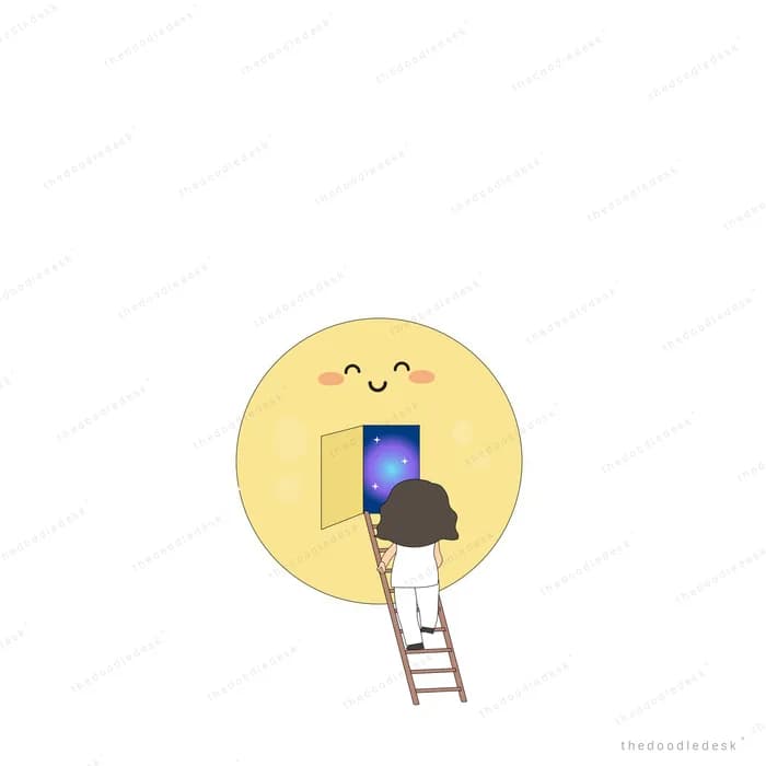 Girl climbing a ladder into a glowing moon doorway