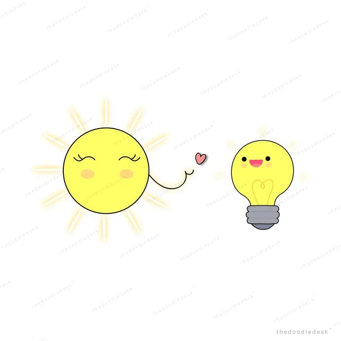 Smiling sun beside a glowing light bulb