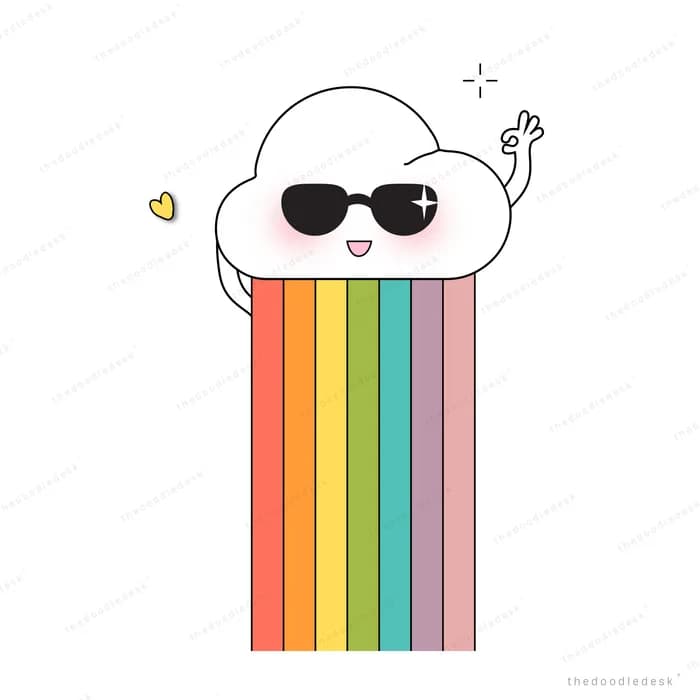 Cloud in sunglasses raining a vertical rainbow
