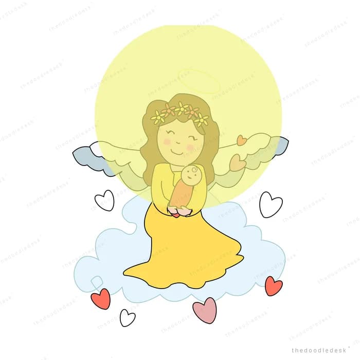 Winged girl in yellow on a cloud with hearts