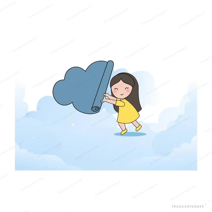 Girl pulling a cloud along a sky of clouds