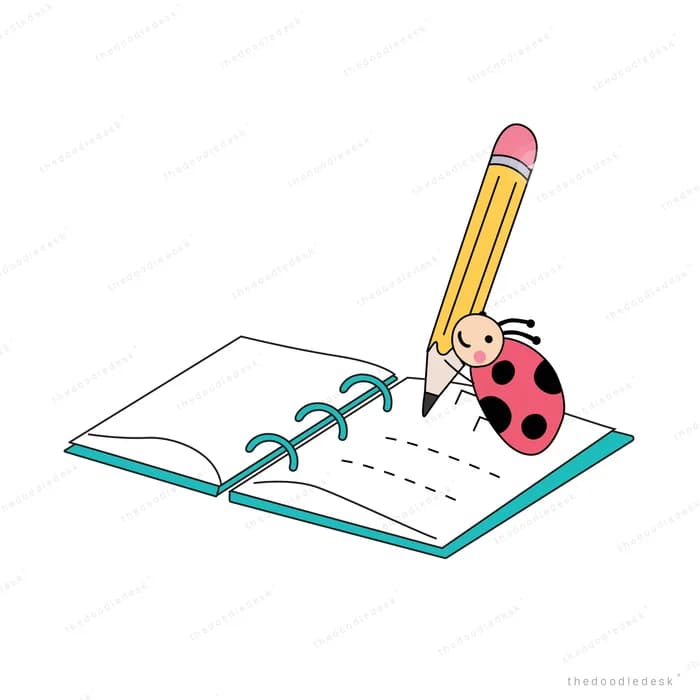 Open notebook with a pencil and ladybug