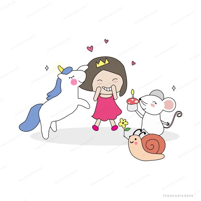Girl with a unicorn, mouse and snail companions