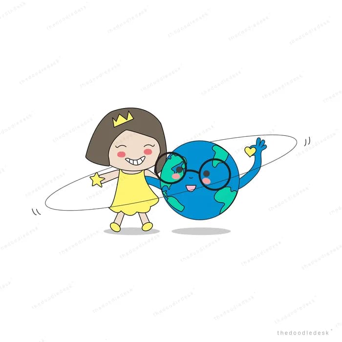 Girl dancing beside a smiling ringed planet