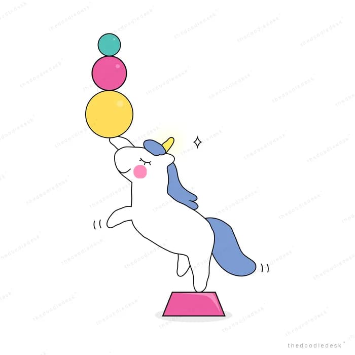 Unicorn balancing coloured balls on its horn