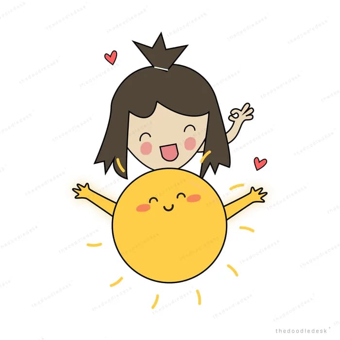 Girl standing with arms up before a smiling sun