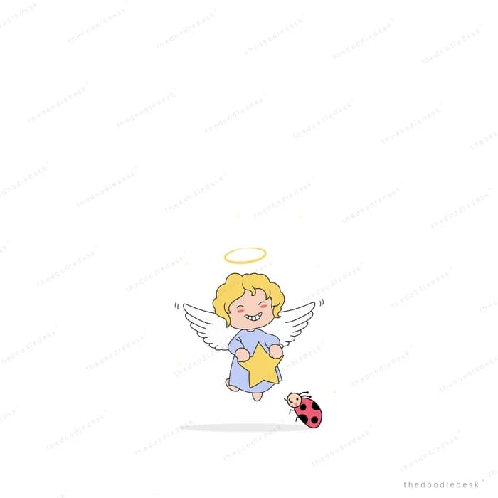 Small angel with a halo beside a ladybug