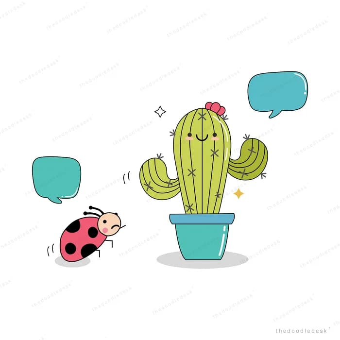 Potted cactus with a ladybug and speech bubbles