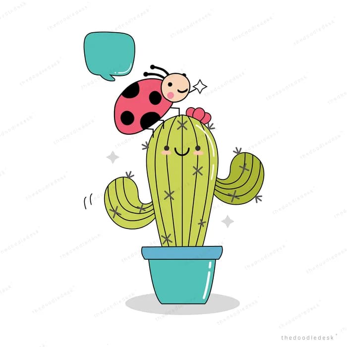Tall potted cactus with ladybugs and a speech bubble