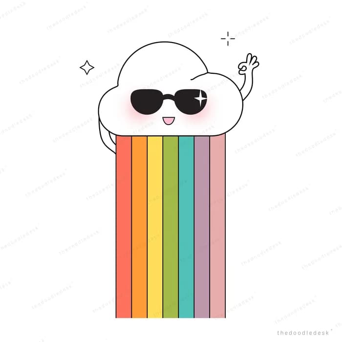 Cloud in sunglasses raining a vertical rainbow