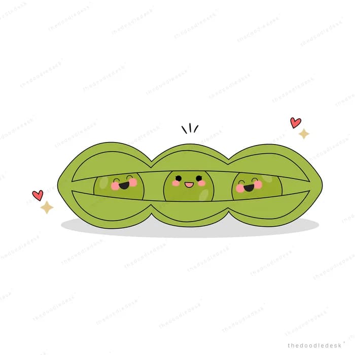 Three smiling peas inside an open pod