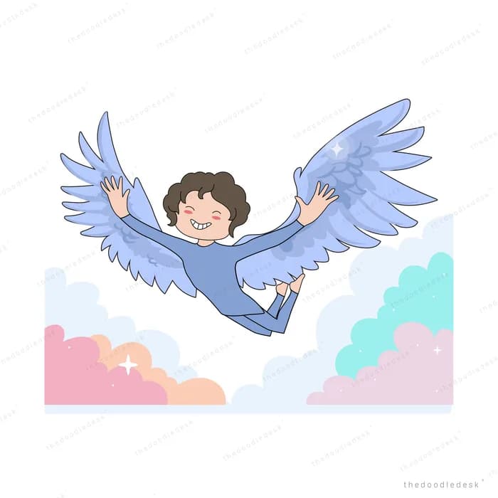 Boy with large blue wings flying over pastel clouds