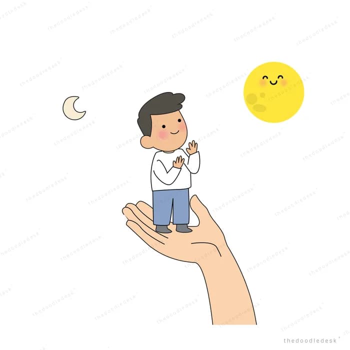 Tiny man standing on a giant open hand