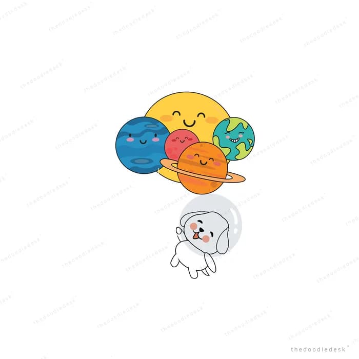 Dog in a space helmet beneath smiling planets