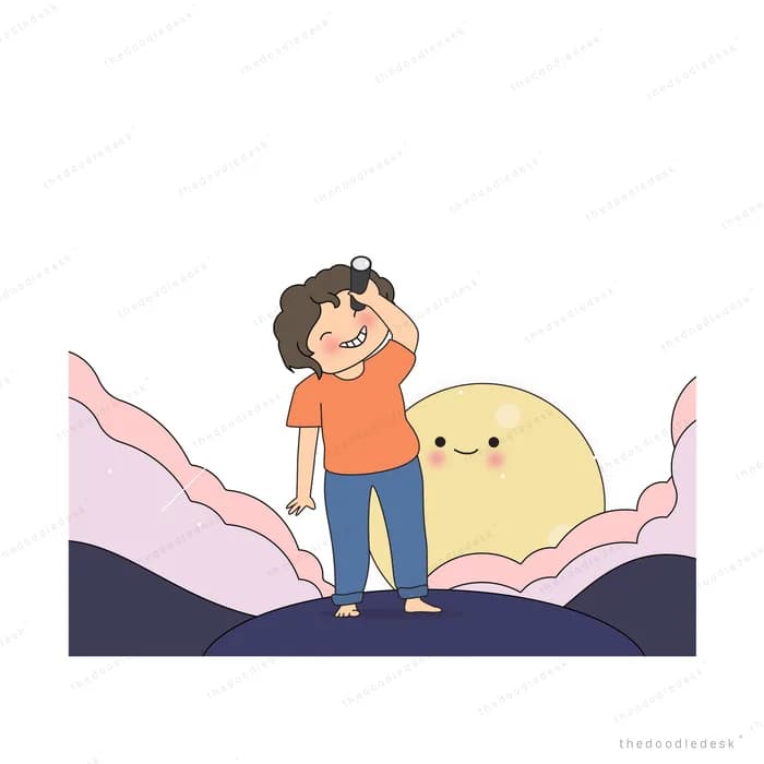 Boy standing beside a smiling moon on a dark ridge