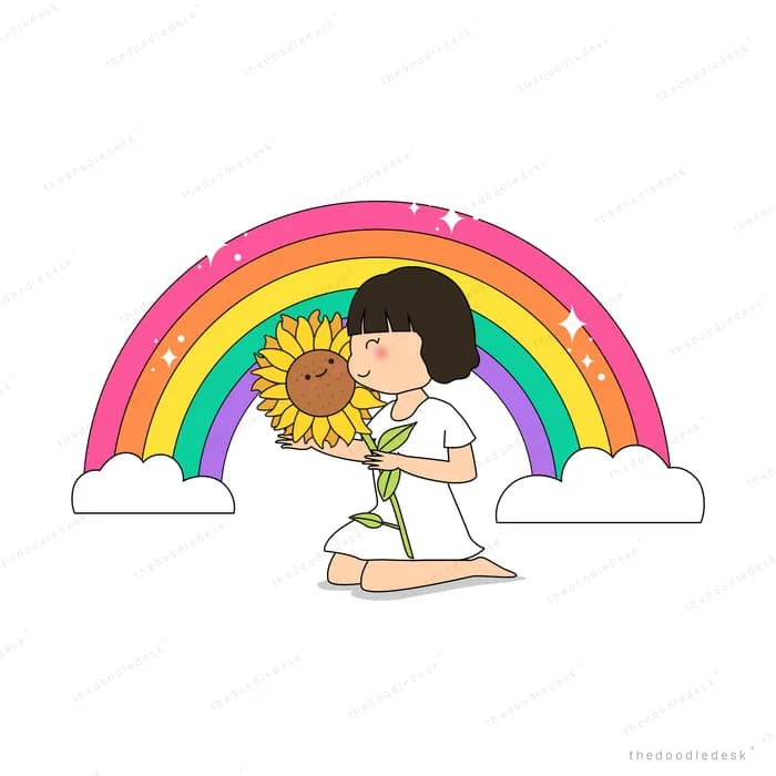 Girl hugging a large sunflower under a rainbow