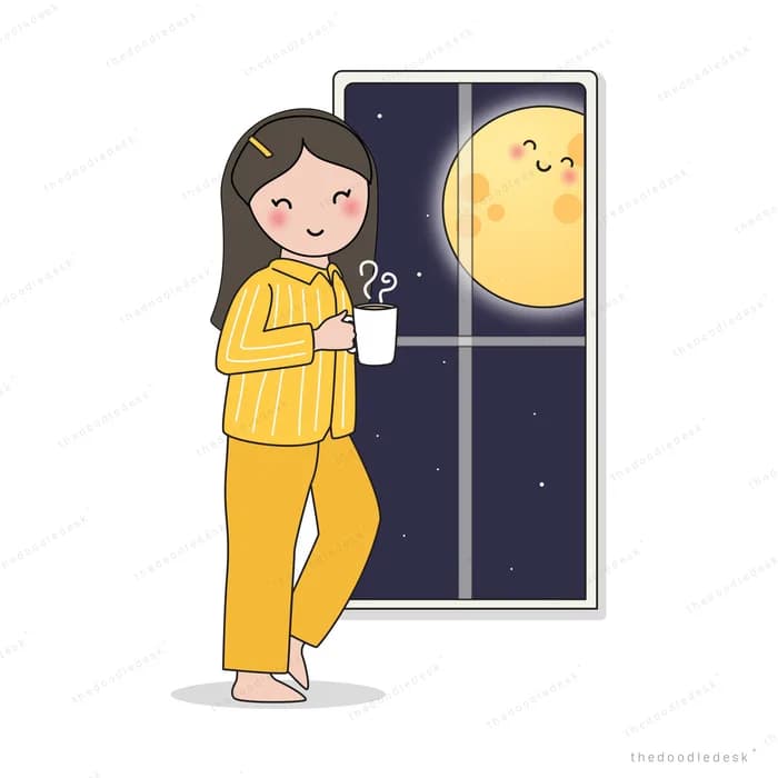 Woman with a mug at a window beside a smiling moon