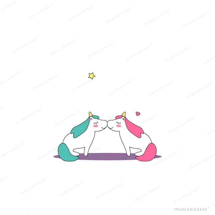 Two unicorns facing each other with hearts