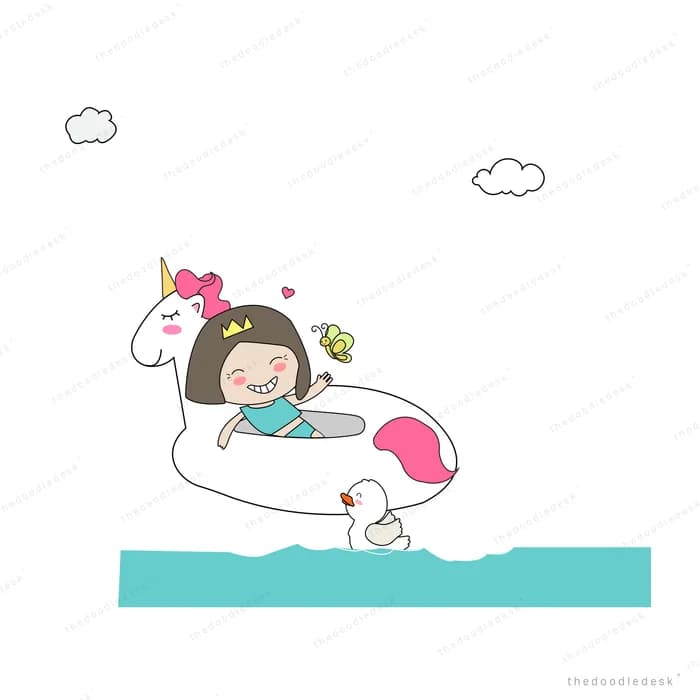 Girl floating in a unicorn ring on teal water
