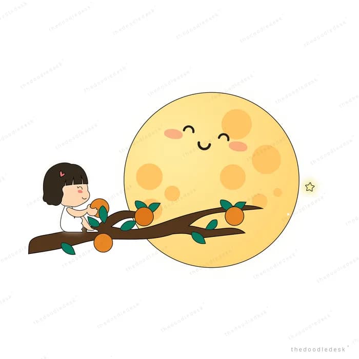 Girl on a branch beside a large smiling moon