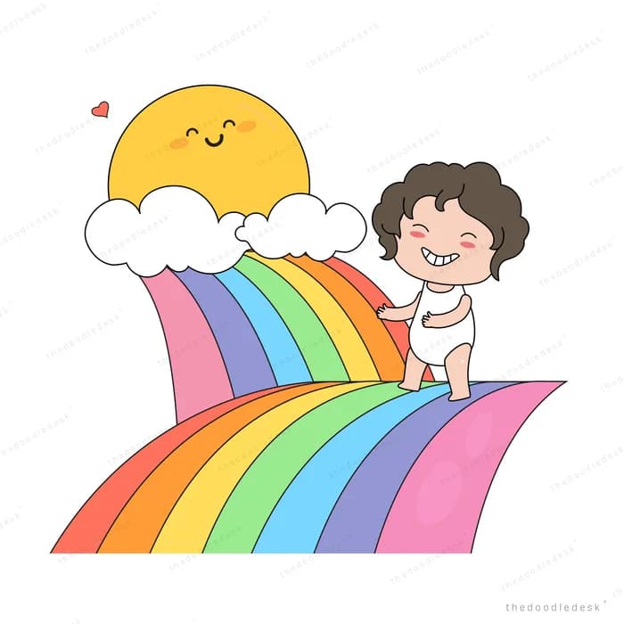 Girl standing on a rainbow beside a smiling sun