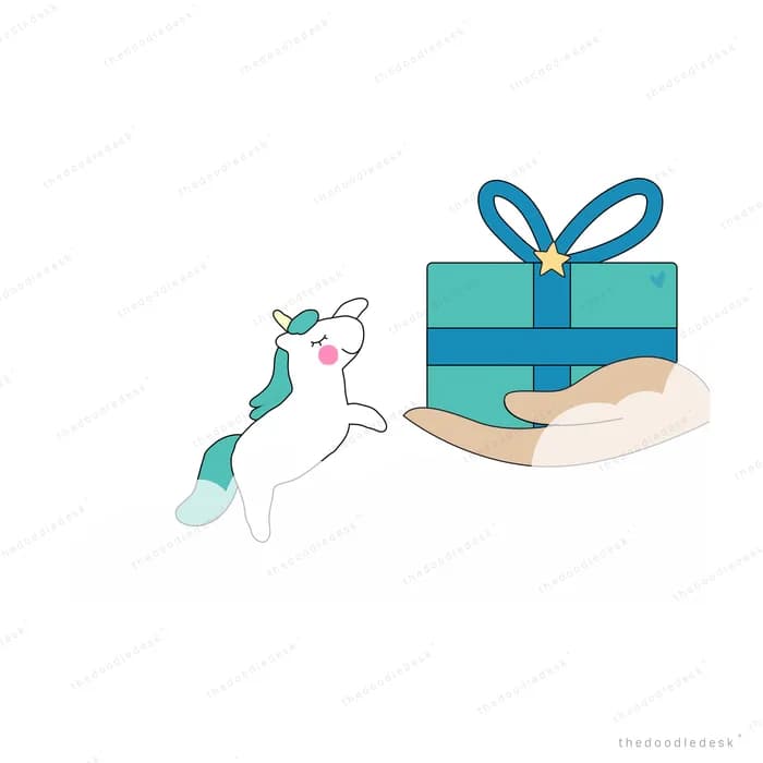 Unicorn beside a wrapped teal gift on a cloud