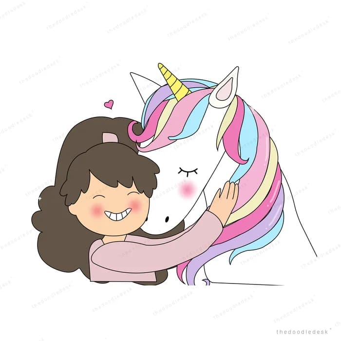 Girl hugging a rainbow-maned unicorn