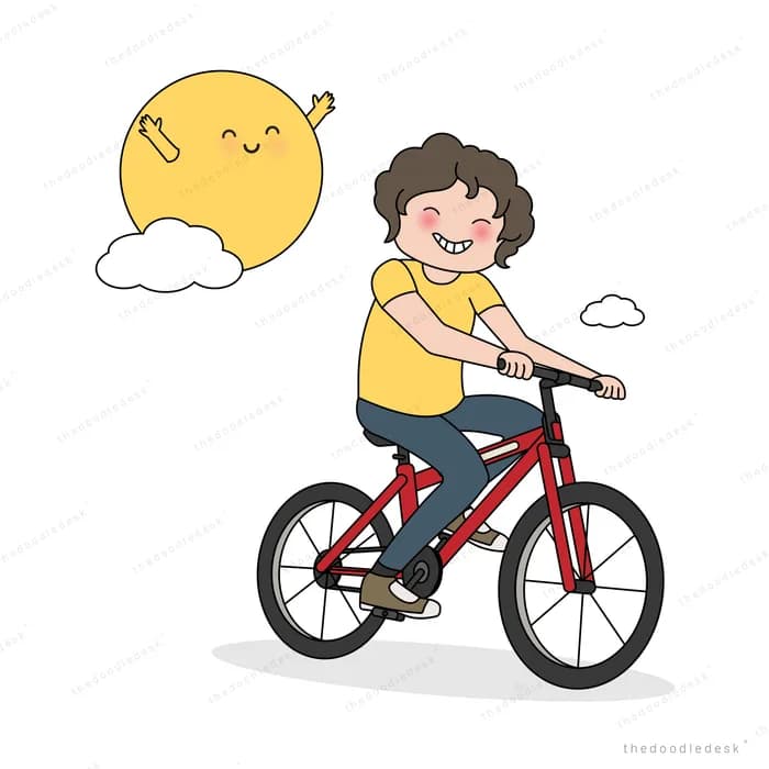 Boy cycling beneath a smiling sun