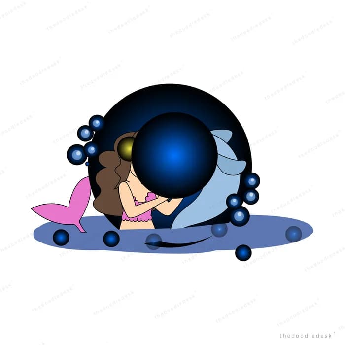 Mermaid beside a dark orb among bubbles