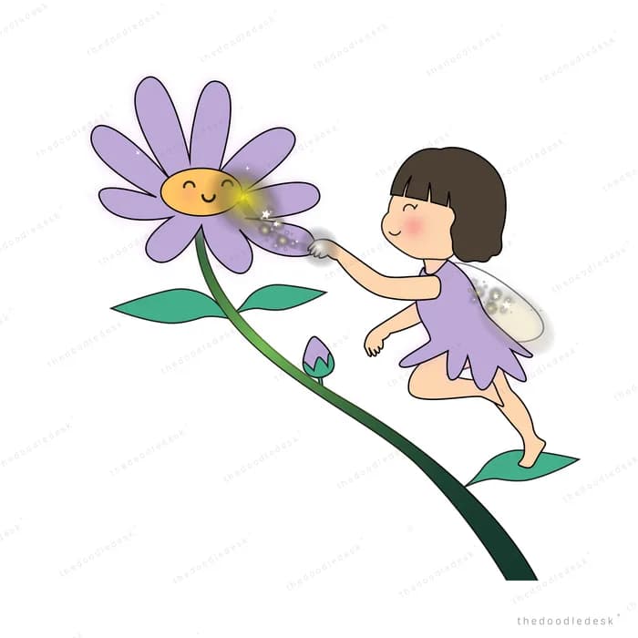 Small fairy beside a large purple bloom