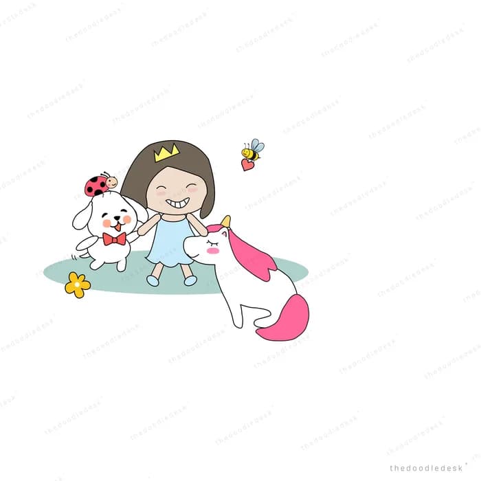 Girl riding a unicorn along a pale surface