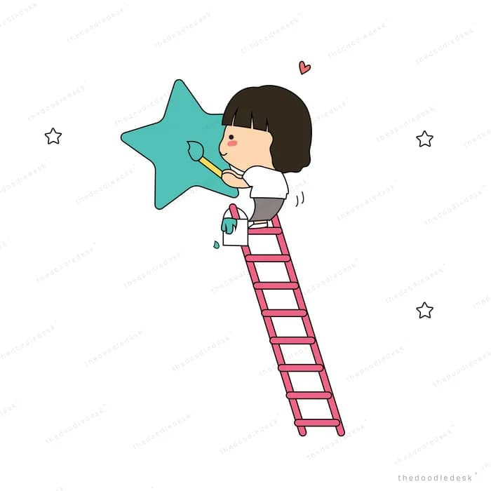 Girl climbing a ladder toward a teal star